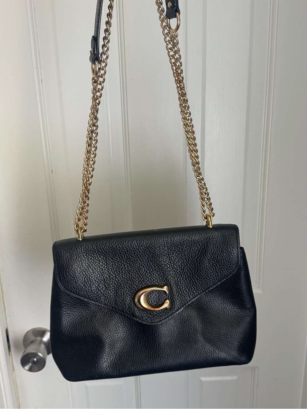 Coach Black Pebble Leather Shoulder Bag with Gold Chain